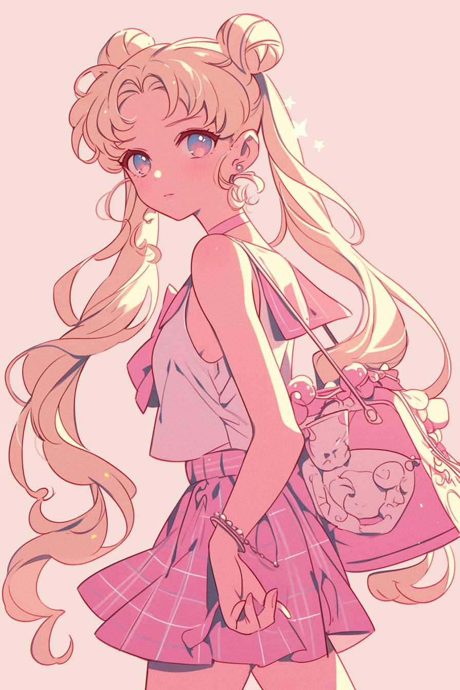 Usagi Tsukino (Sailor Moon) wears a soft pink tank top and pleated skirt, playful and cute, perfect for a spring outing with comfy sneakers.