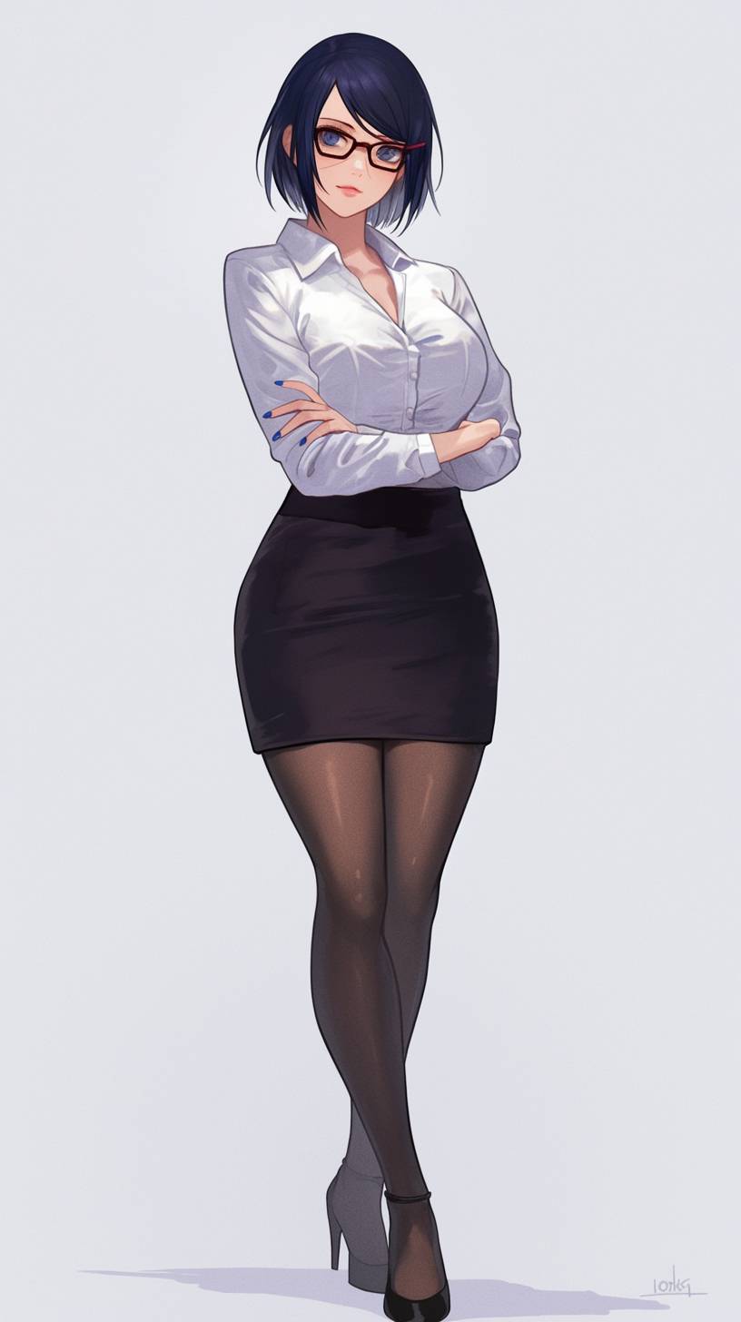 Shizune aus Naruto trägt einen modernen Büro-Look mit Bluse, Bleistiftröcke und Hochhackige Schuhe und zeigt einen professionellen Chic.