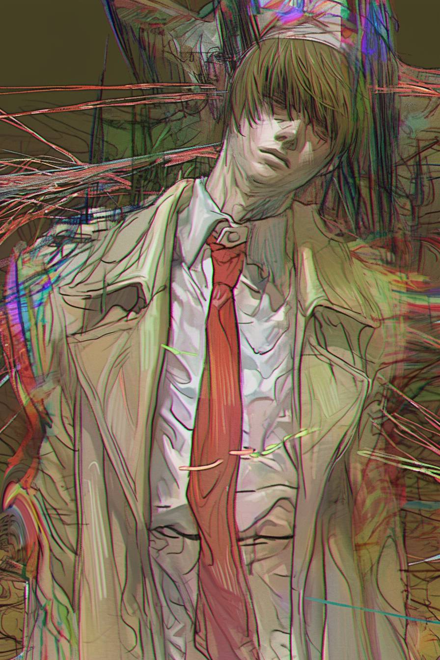 Light Yagami wears a tan trench coat, white shirt, and red tie with slicked-back hair.