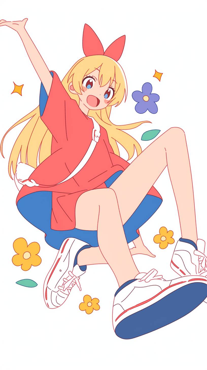 Chitoge Kirisaki do Nisekoi em um vestido vermelho fofo e tênis brancos, exalando uma vibra divertida e brincalhona contra um fundo primaveril de flores.