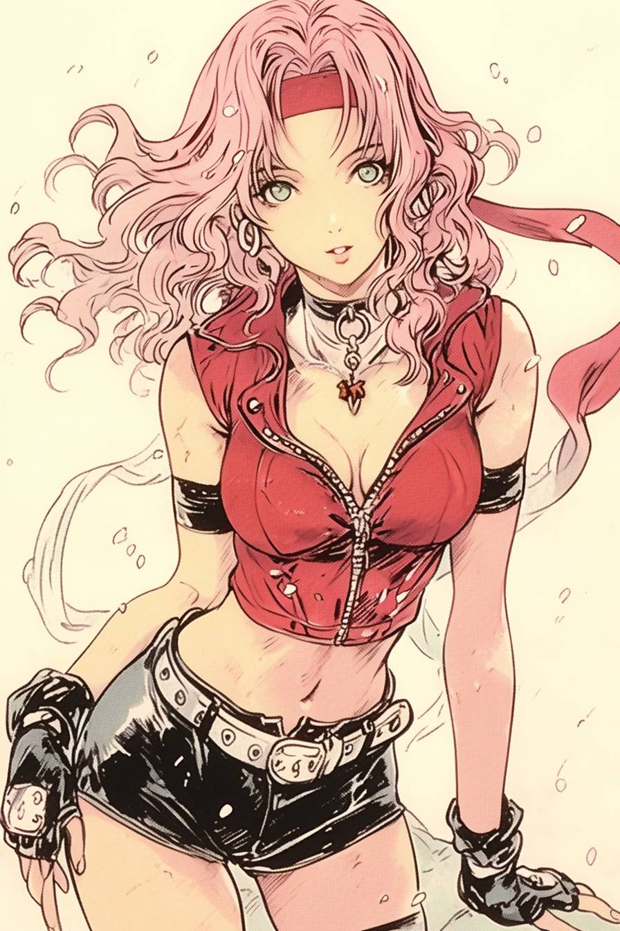 Sakura lleva una parte superior roja, pantalones cortos negros, cabello rosa y una banda de ninja, vibrante y decidida.