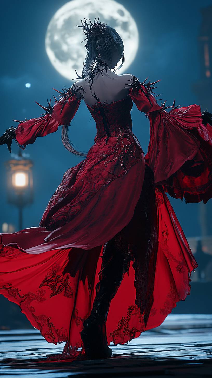 Yor Forger from Spy x Family, elegant assassin in a red dress with intricate thorn details, striking a dynamic pose under moonlight.