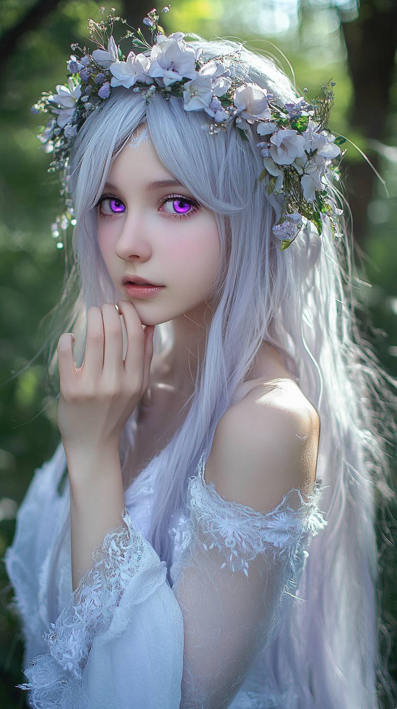 Emilia de Re:Zero, cheveux argentés avec des yeux violets, robe blanche avec une couronne de fleurs, rayonnante dans une forêt magique.