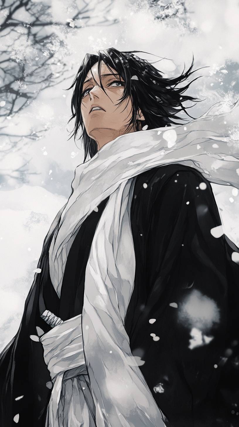 Rukia Kuchiki trägt schwarze Shinigami-Roben und hält ein weißes Zanpakuto in der verschneiten Seelenwelt.