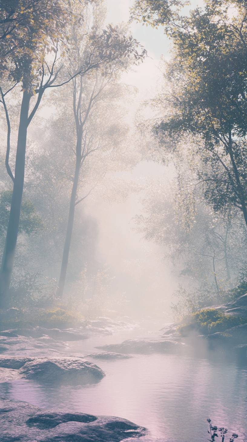 Uma névoa suave envolve uma floresta tranquila, com tons pastel e iluminação delicada criando uma atmosfera calmante.