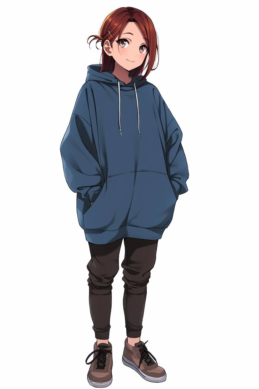 Riko Aida from Kuroko no Basket sports an oversized hoodie, joggers, and sneakers for a casual yet trendy street style.