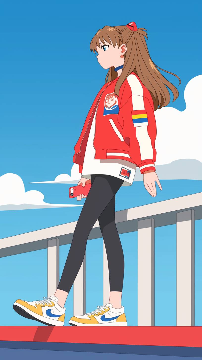 Asuka Langley veste uma jaqueta bomber vermelha, leggings pretas e tênis volumosos, mostrando um estilo urbano confiante.