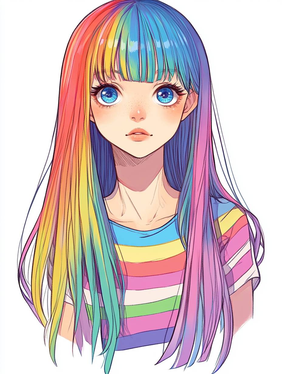 A cute girl with long rainbow hair, wearing a colorful striped T-shirt.