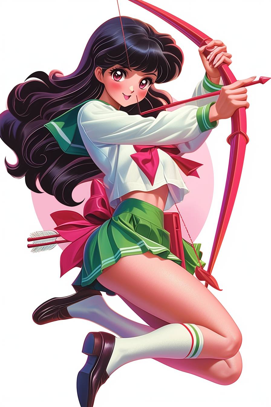 Kagome Higurashi de Inuyasha, cabello negro largo, uniforme escolar verde y blanco, lazo rojo, sosteniendo un arco y flecha, vibra alegre de anime.