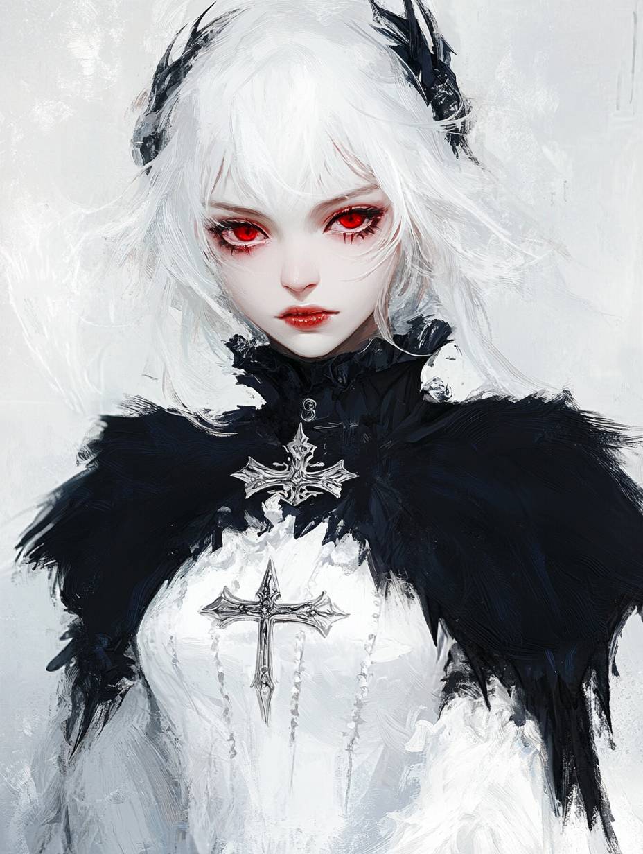 Fille aux cheveux blancs, style gothique, yeux rouges, vêtue d'une tenue blanche avec un col en fourrure noire et une croix argentée, manches longues, style artistique de fantasy sombre