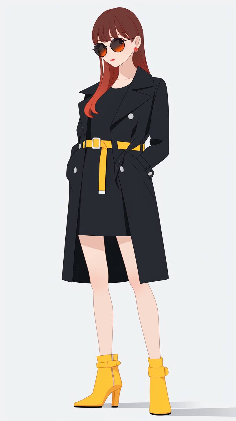 Erza Scarlet lleva un elegante abrigo, botas altas y un vestido negro estiloso, representando un look de guerrera moderna.