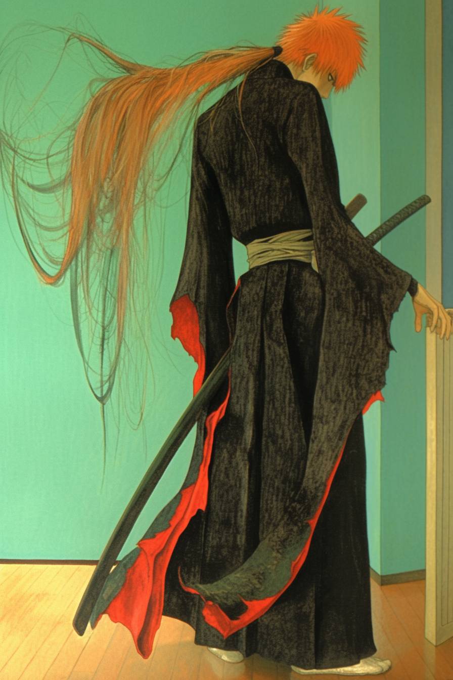 Ichigo wears a black shihakusho with red lining, an oversized sword on his back, and messy orange hair.