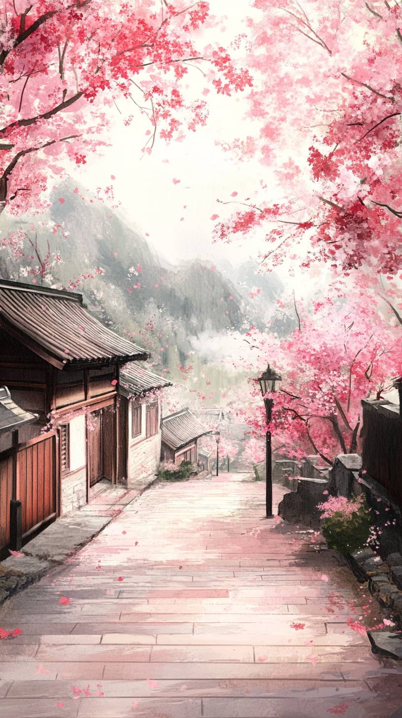 A cherry blossom courtyard in Japanese style, featuring ink painting aesthetic and a calm vibe.