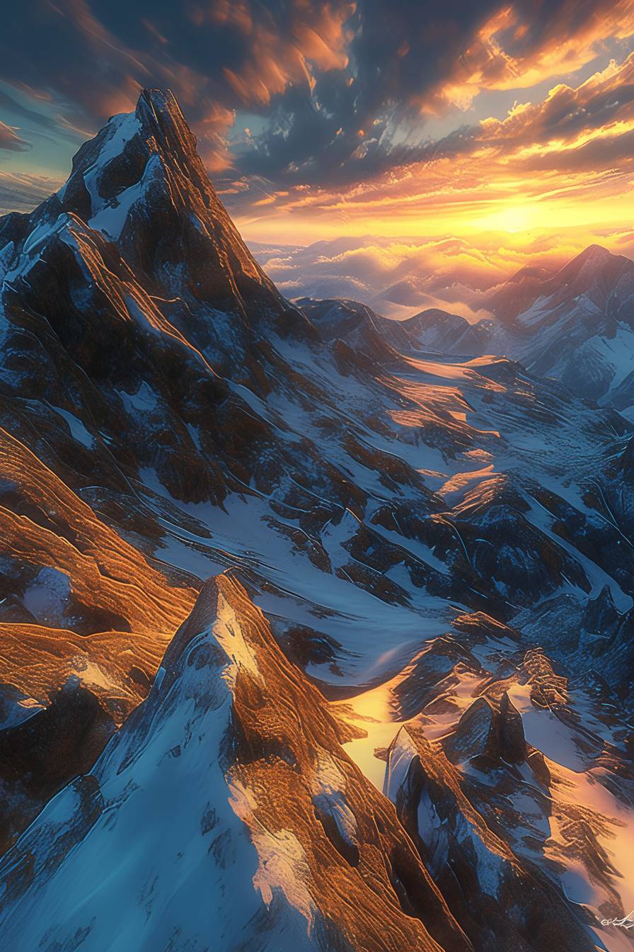 A dramatic mountain landscape with a bright sunrise casting long shadows over jagged peaks and snow-covered valleys, with colorful clouds in the sky, majestic and awe-inspiring.