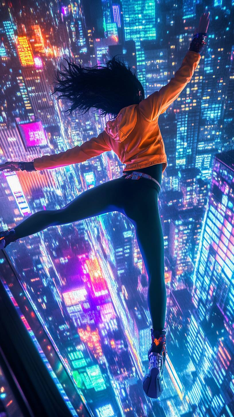 Yoruichi Shihouin wears an orange top and black leggings, showcasing cat-like agility against a glowing night city.