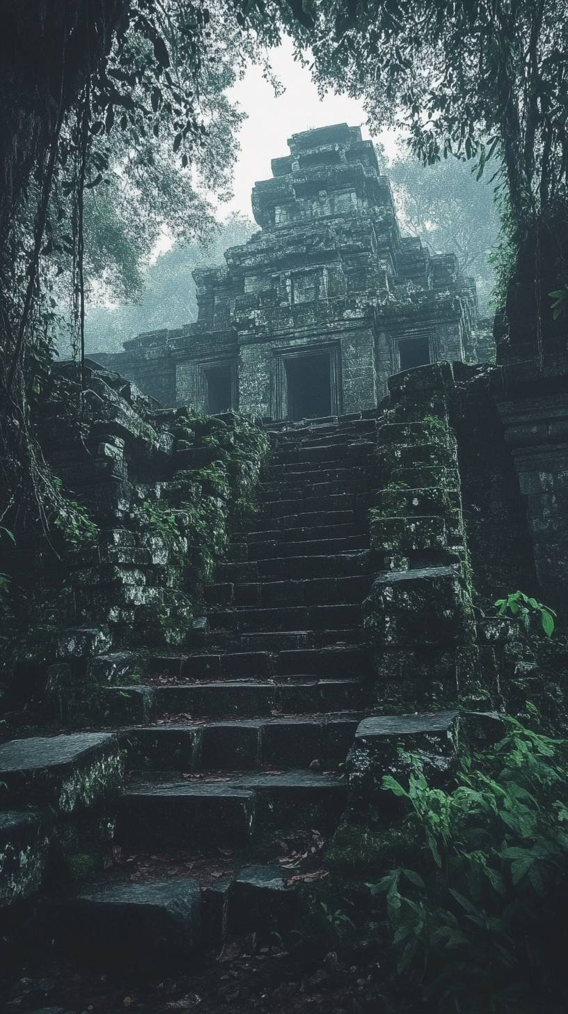 Mysterious ancient ruins surrounded by jungle, epic atmosphere.