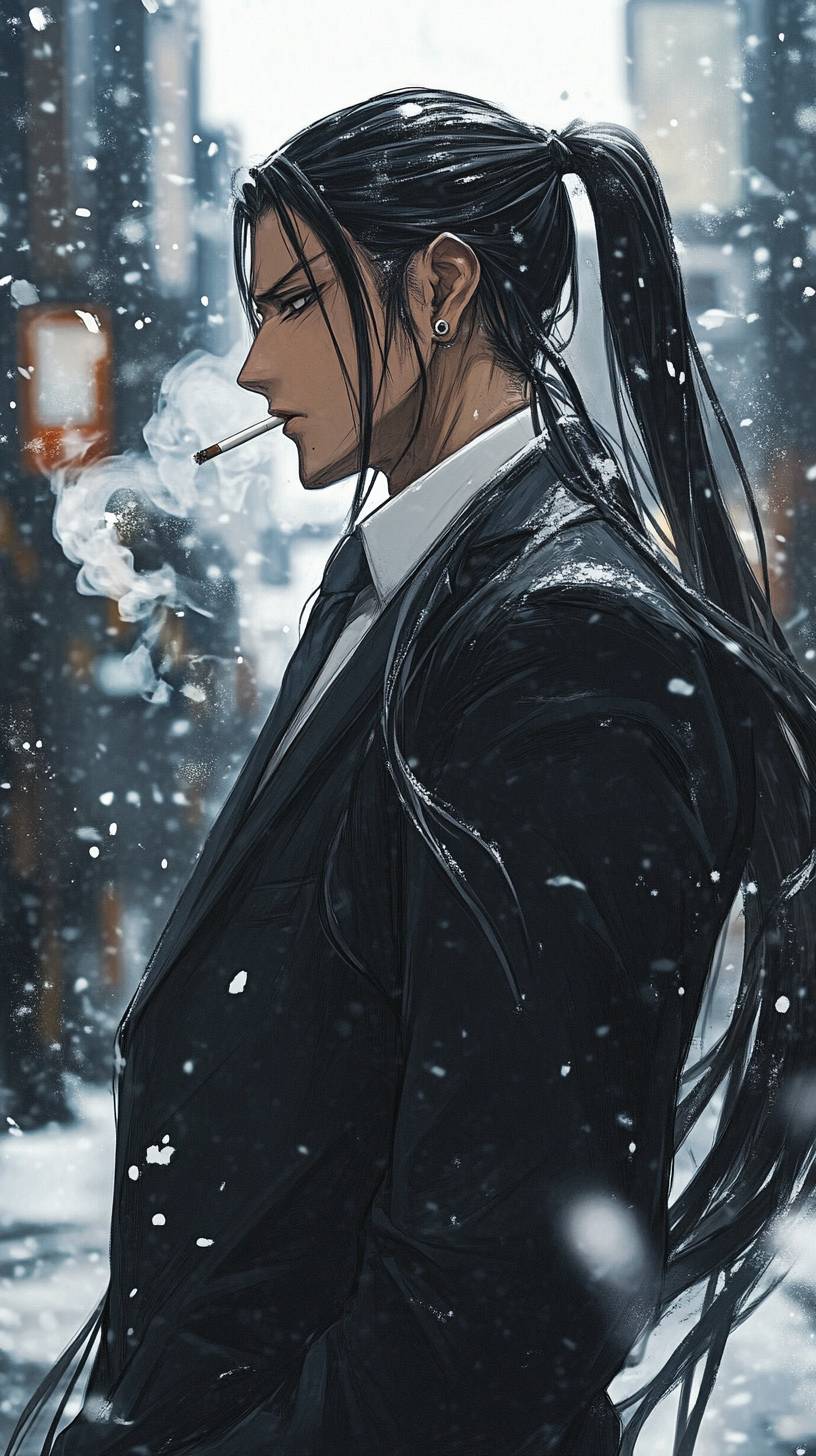 Aki Hayakawa de Chainsaw Man, em um terno elegante, com cabelo longo e escuro em um rabo de cavalo, fumando um cigarro em uma rua urbana coberta de neve.