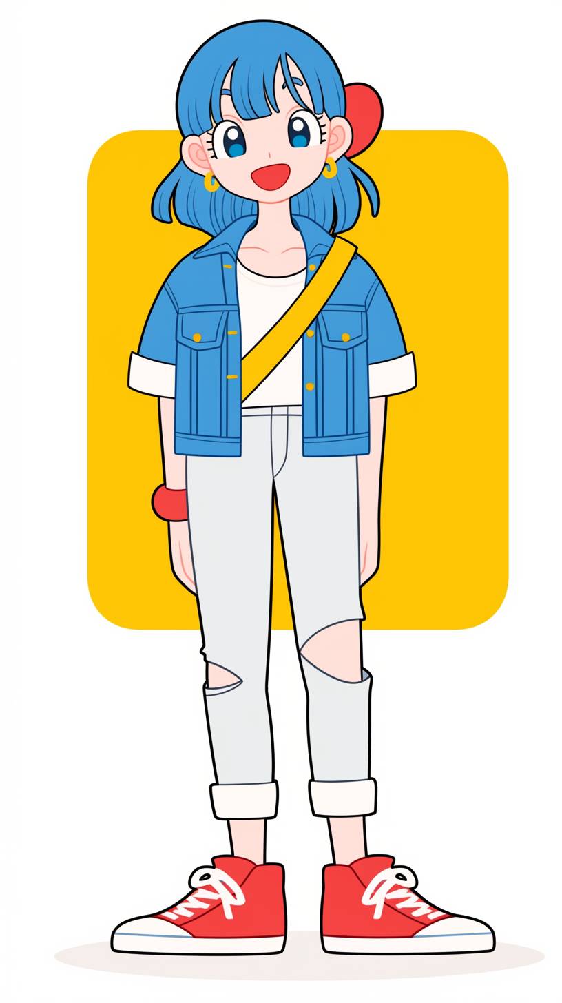 Bulma aus Dragon Ball trägt eine Jeansjacke, ein weißes Tanktop, zerrissene Skinny-Jeans und trendige Sneakers und zeigt einen selbstbewussten Streetstyle.