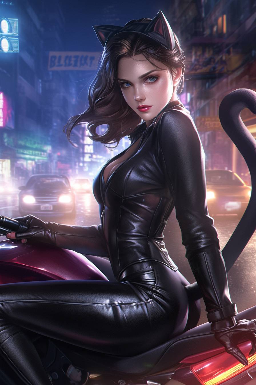 Actress dressed as Catwoman in a black leather jacket, skin-tight pants, high-heeled boots, and cat ear headband with sharp feline makeup against a city street backdrop.