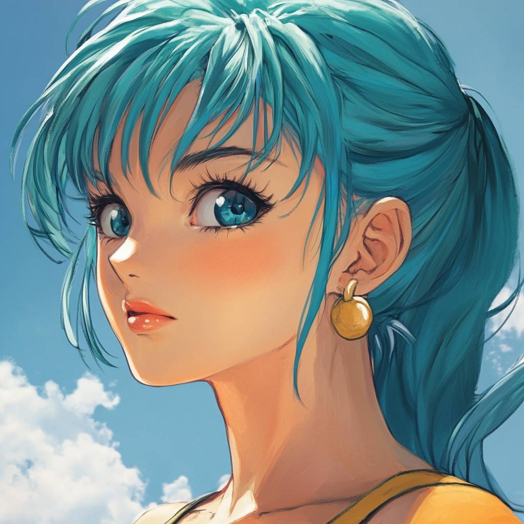 Bulma aus Dragon Ball, kluges Anime-Mädchen, Nahaufnahme-Profilbild.