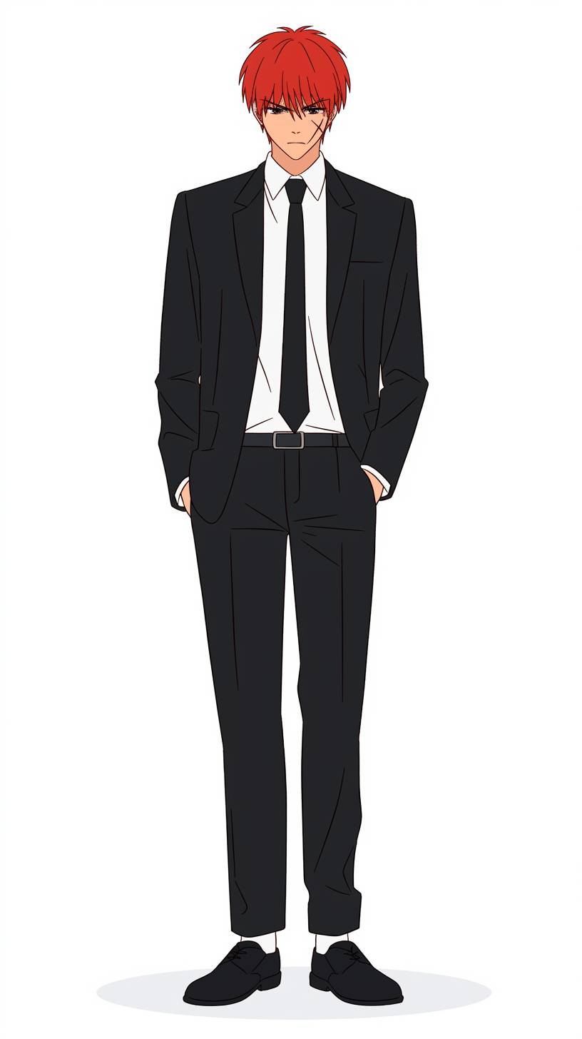 Kenshin Himura is wearing a tailored suit, white shirt, and black tie, looking sharp and sophisticated in a street style with a composed expression.