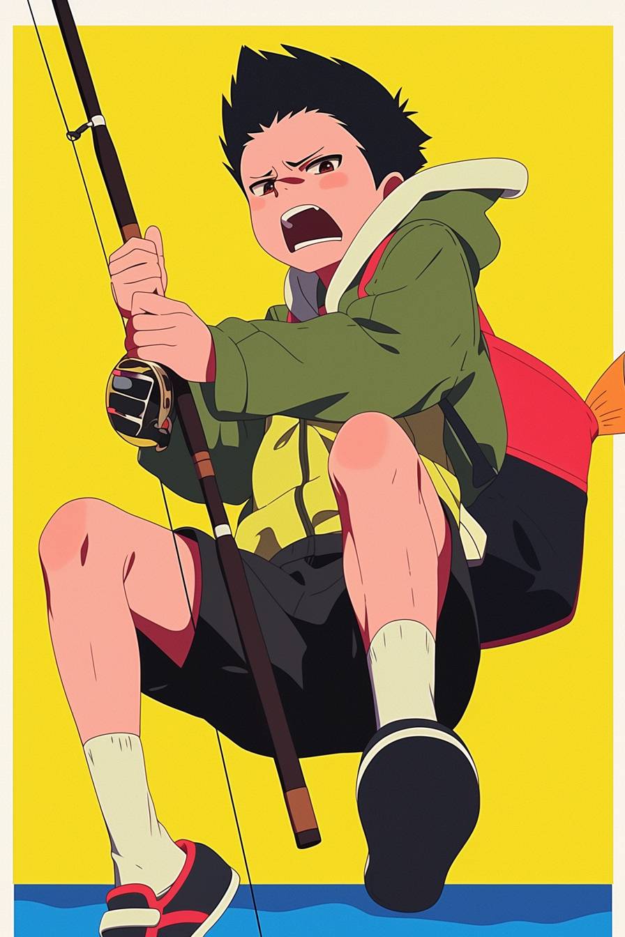 Gon wears a green jacket, shorts, with spiky black hair, holding a fishing rod, energetic and bold.