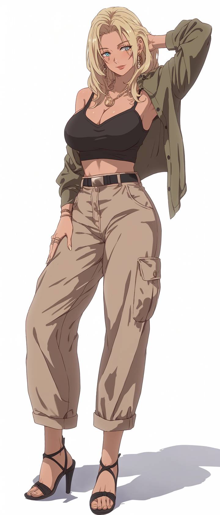 Tsunade viste una camiseta sin mangas verde y pantalones de trabajo beige, mostrando un aspecto casual de primavera relajado pero fuerte.