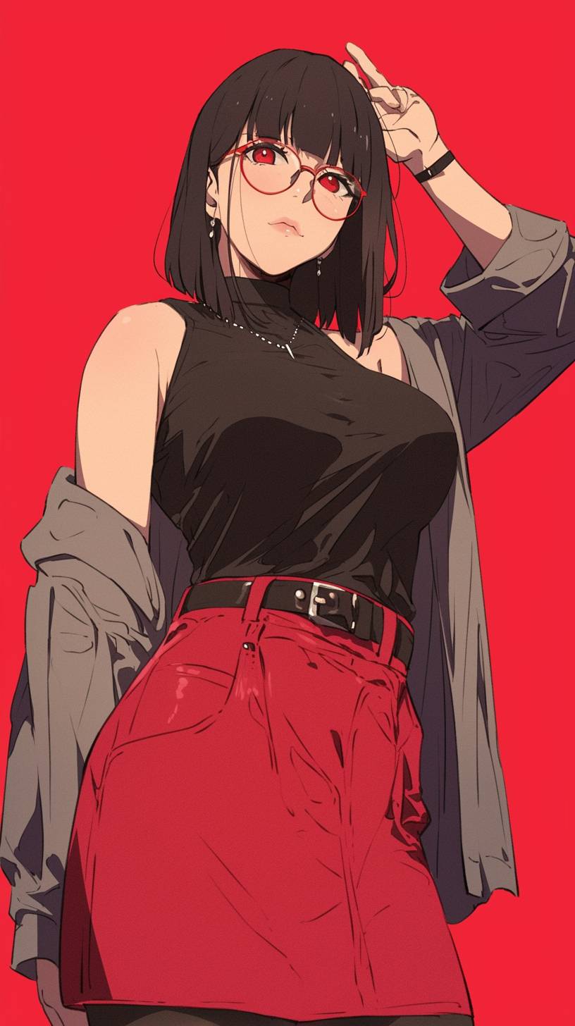 Yumeko Jabami de Kakegurui lleva una camiseta negra y una falda roja, con un estilo moderno y casual que evoca la primavera.