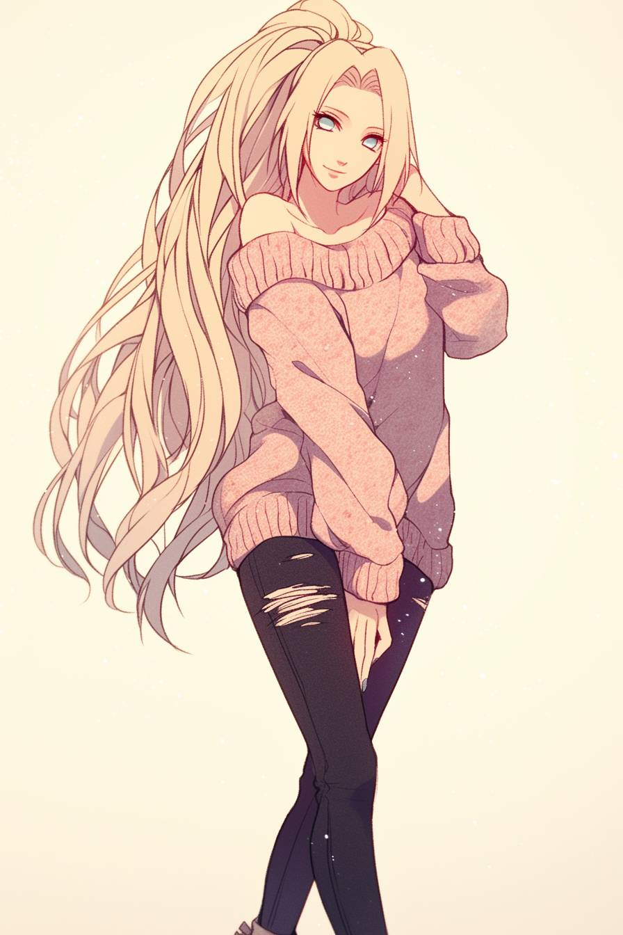 Karin from Naruto is stylish in a sweater and skinny jeans, showcasing casual chic.