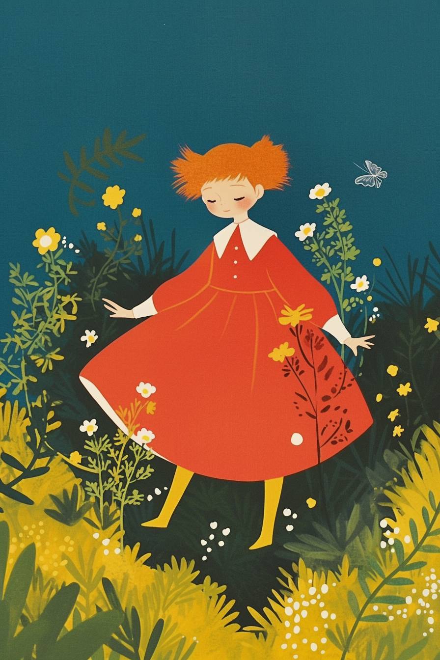 Ponyo from Ghibli wears a red dress with white trim, round cheeks, and wild orange hair.