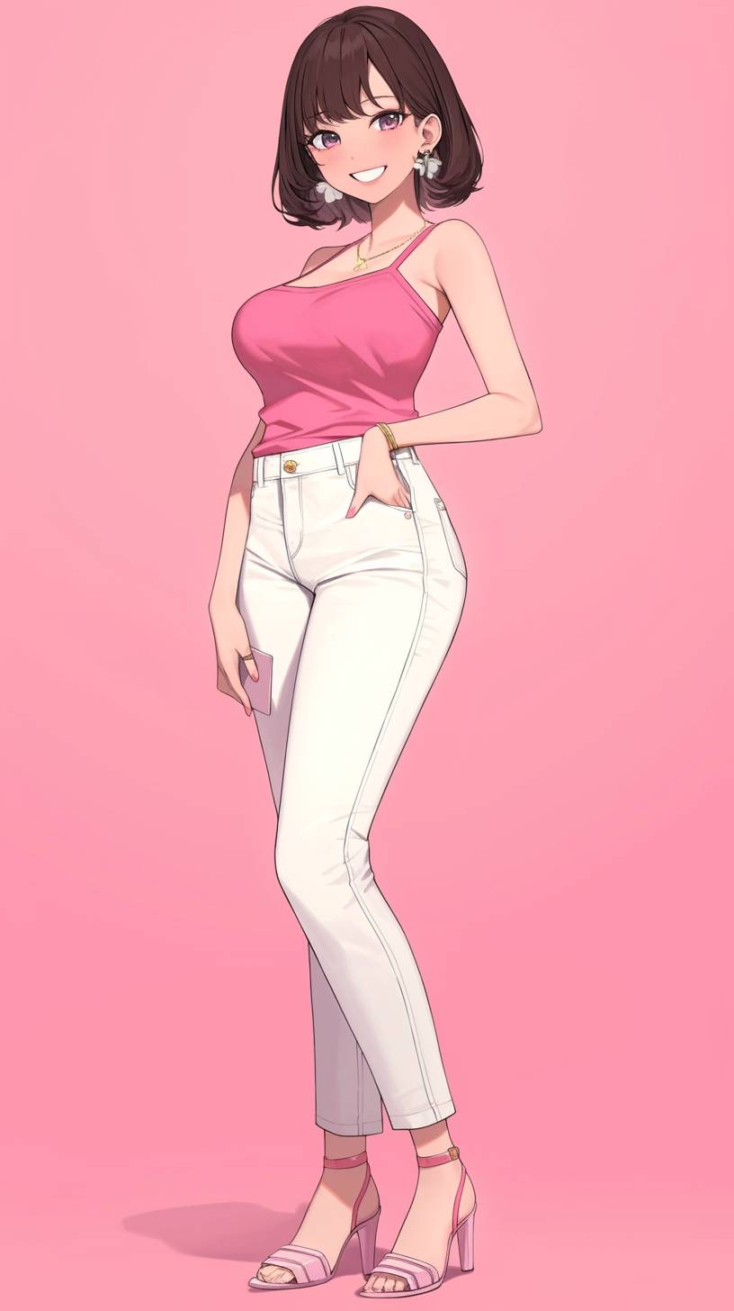 Hinagiku Katsura lleva una camiseta sin mangas rosa y jeans skinny blancos, mostrando una vibra casual de primavera.