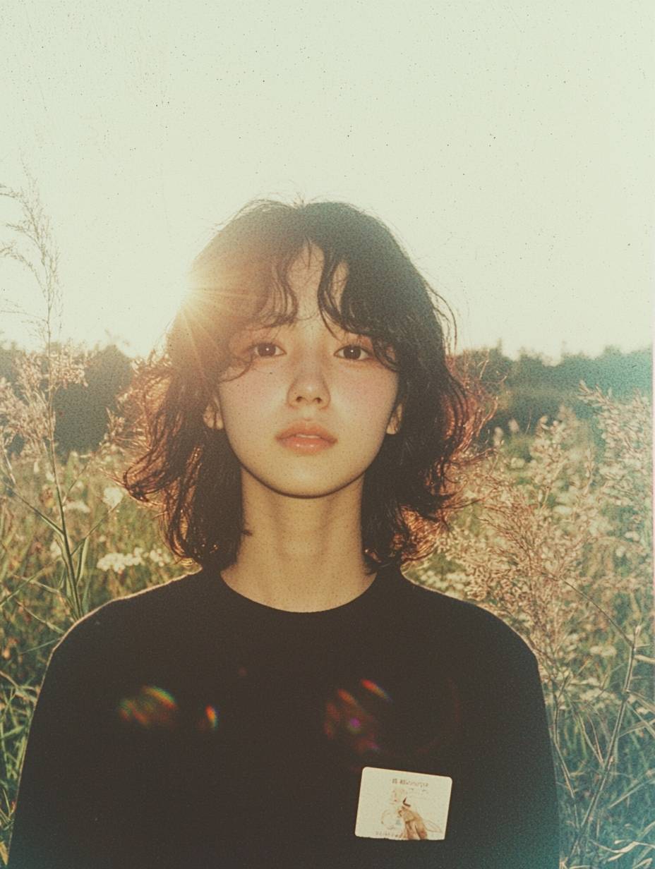 A Taiwanese girl smiles outdoors in a field, holding a business card, her cheeks flushed, soft sunlight highlighting her joy.