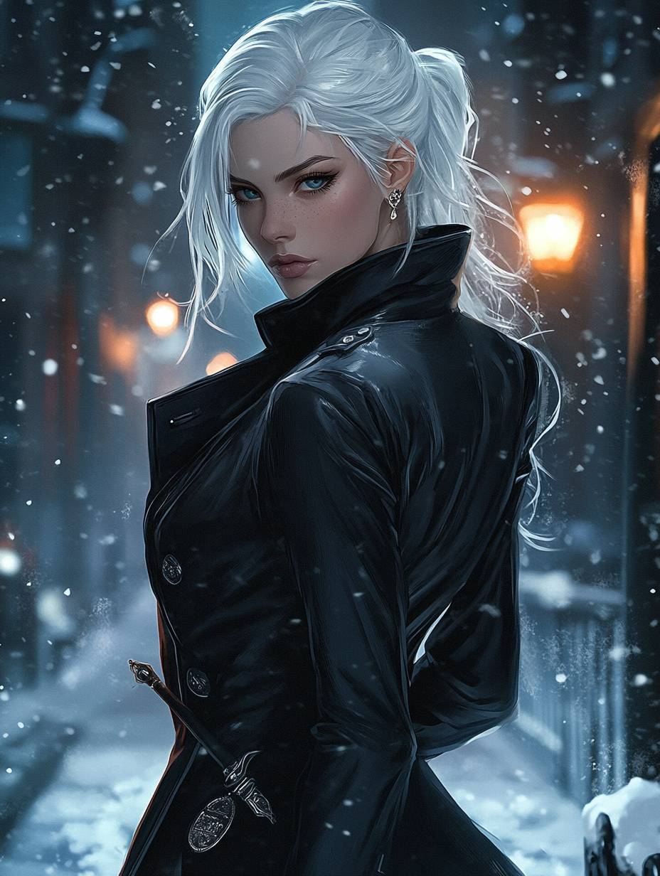 Fiona Frost wears a sleek dark grey spy trench coat with hidden pockets, white hair pinned up, holding a concealed dagger in a snowy urban night.