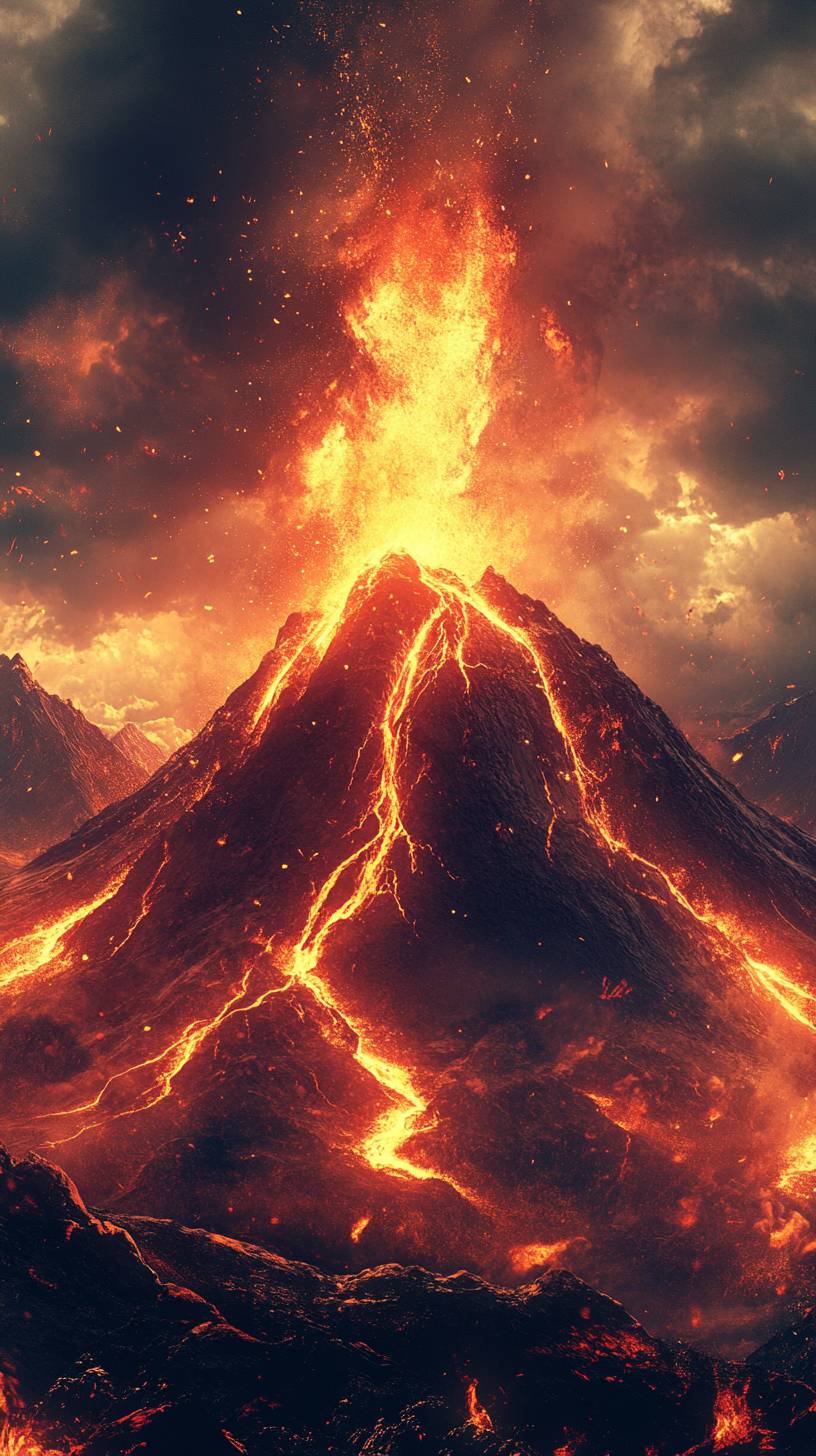 Volcano with flowing lava, dark fantasy style, strong contrast