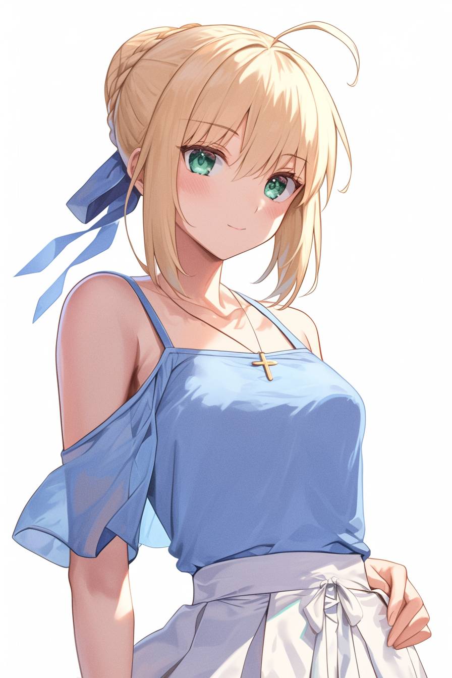 Saber is wearing a pale blue tank top and a white skirt, showcasing a regal spring look.