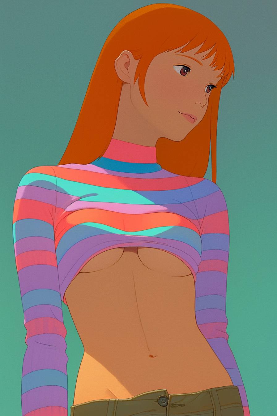 Nami's orange hair, blue and white striped top, and tight jeans are confident and stylish.