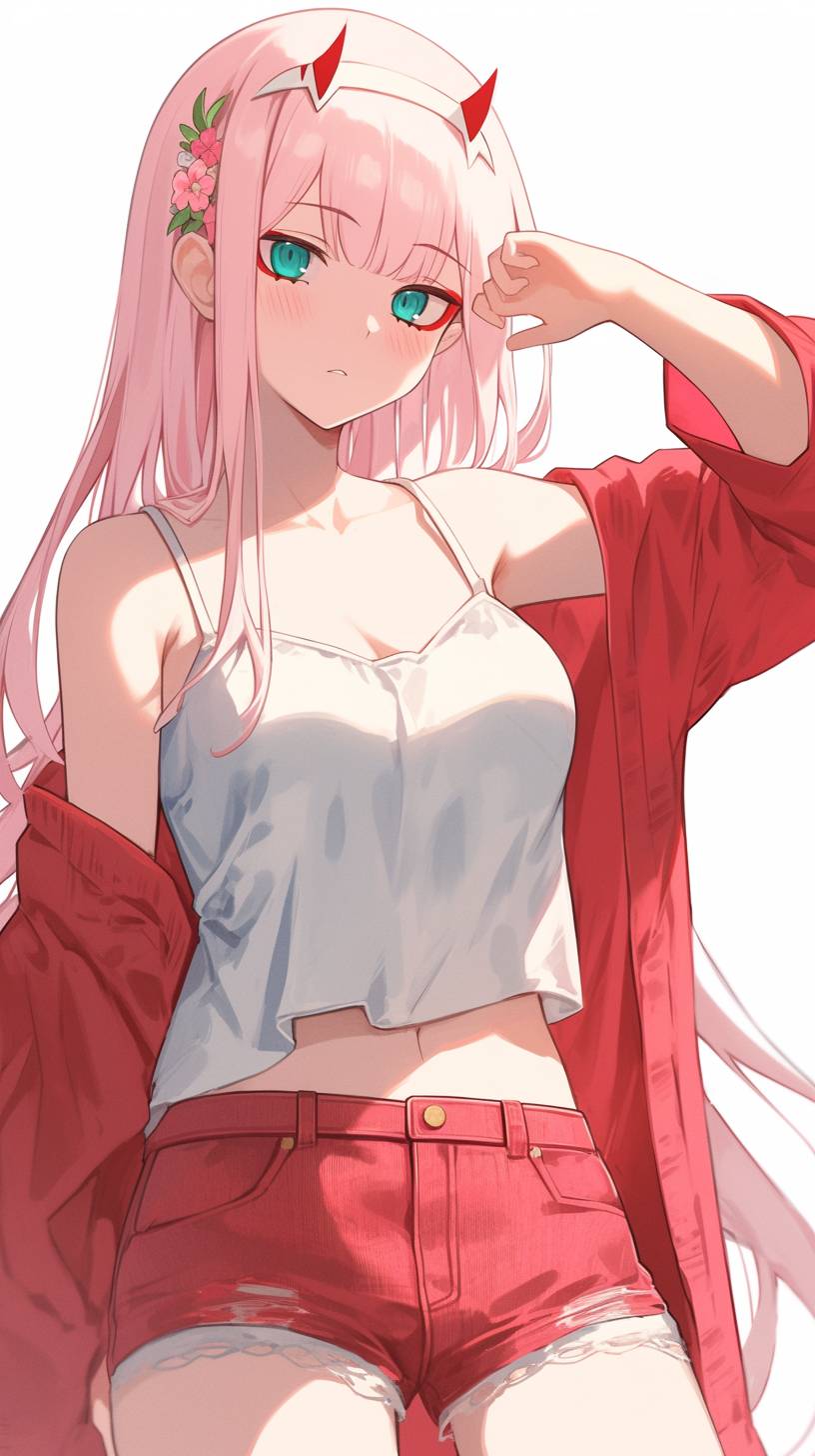 Zero Two wears a white tank top and red denim shorts, styled with a flowy cardigan for a cute spring look.