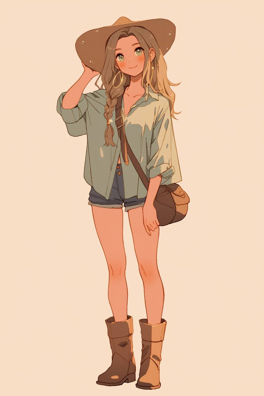 A wanderlust girl in light-wash denim shorts, a loose linen shirt, tan ankle boots, and a leather crossbody satchel.