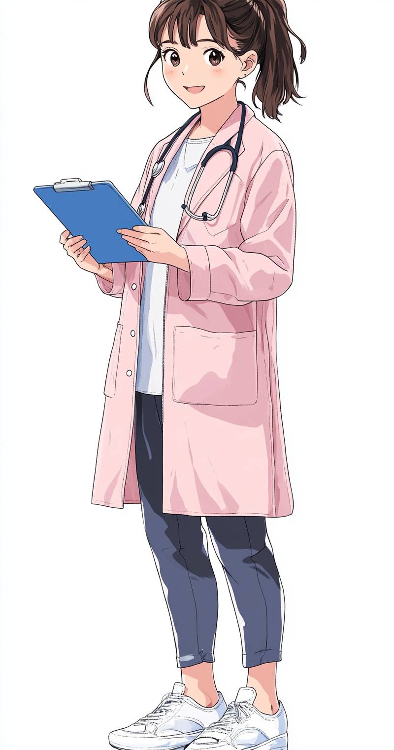 This is a full-body illustration of a Japanese nurse in a pink uniform holding a blue clipboard, smiling at the audience.