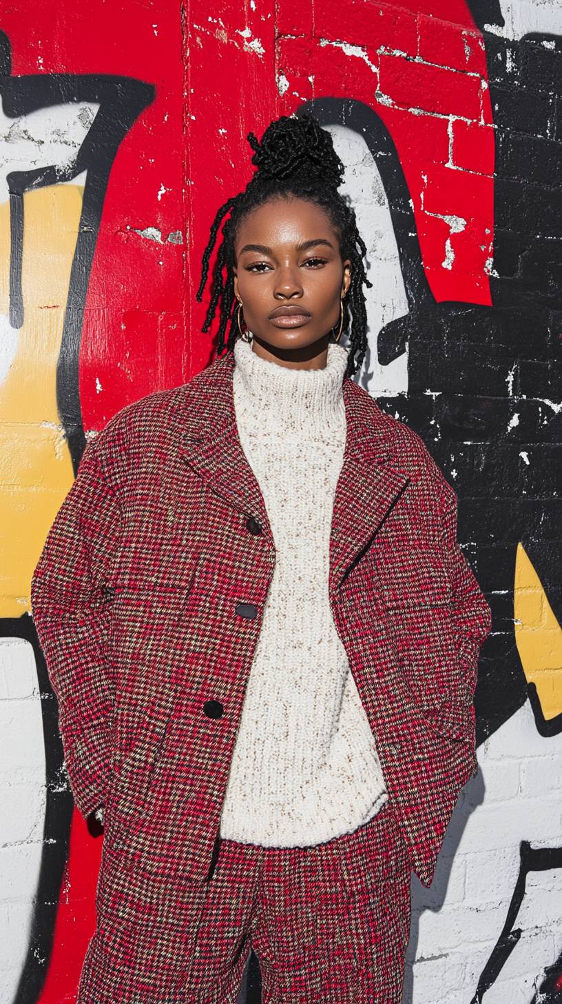 Une femme de 20 ans portant des vêtements haut de gamme tendance, avec un fond de graffitis vibrants, la lumière naturelle soulignant les détails du tissu.