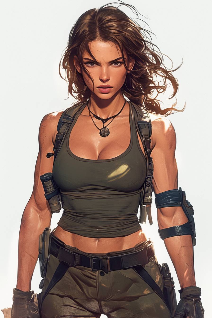 A-List-Schauspielerin als Lara Croft, trägt ein enges Tanktop, Cargo-Hosen und robuste Wanderschuhe, ausgestattet mit einem Utility-Gürtel und einem Rucksack, mit einem abenteuerlichen Ausdruck.