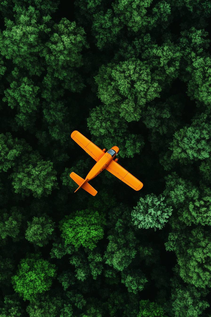 Ein kleines orangefarbenes Flugzeug fliegt über einen tiefgrünen Wald, Draufsicht.