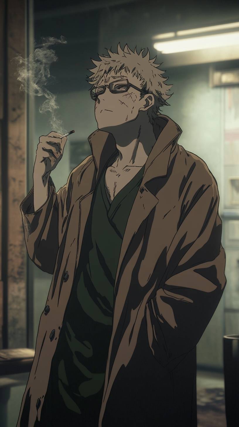 Shoko Ieiri de Jujutsu Kaisen en manteau de médecin, cigarette à la main, expression fatiguée.