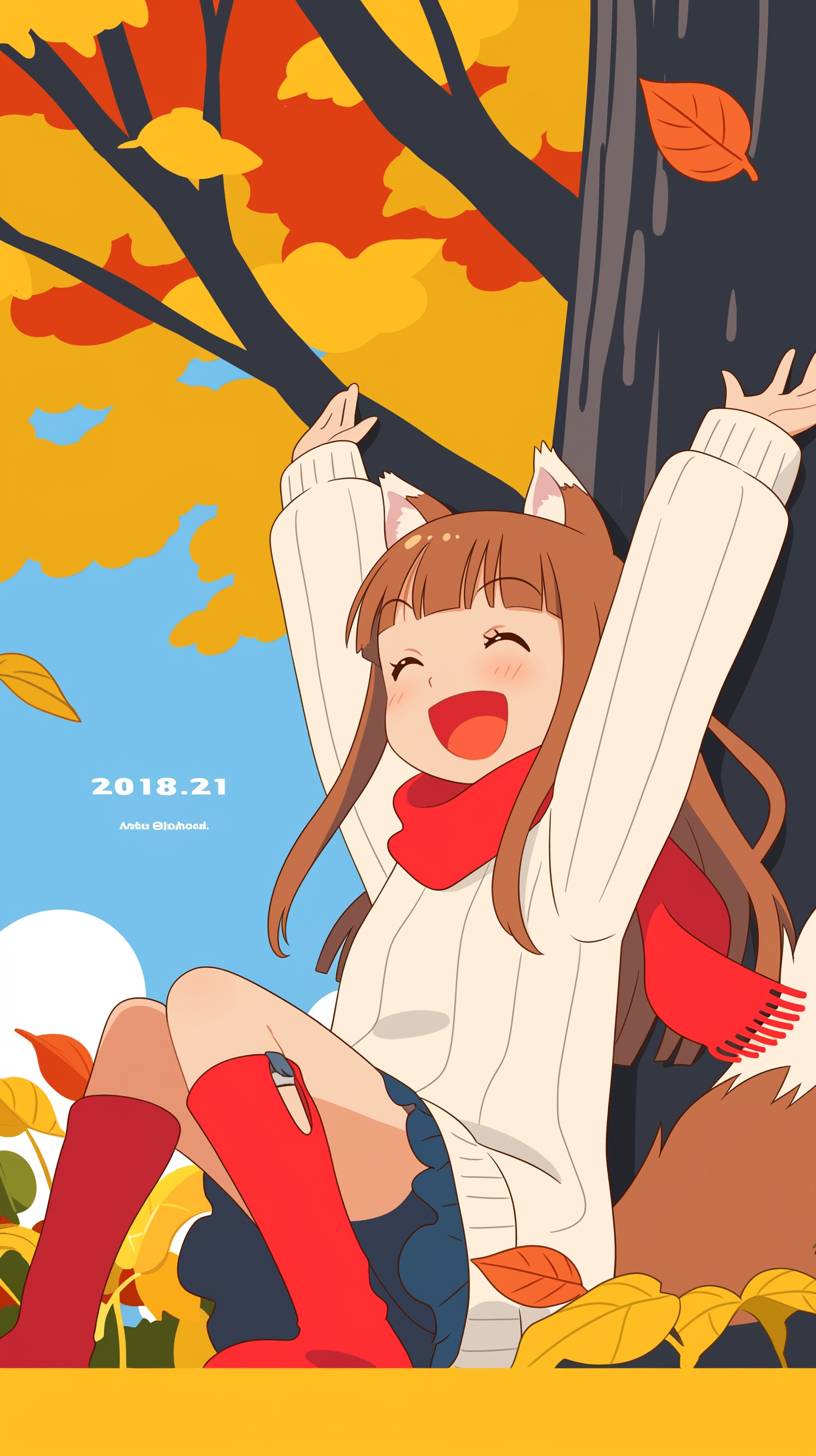 Holo is wearing a cozy sweater, red scarf, and high boots, showcasing a cute autumn style.