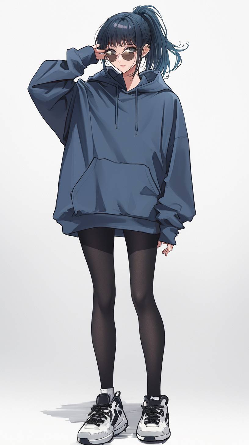 Maki Zenin from Jujutsu Kaisen is wearing a stylish hoodie with leggings and sneakers.