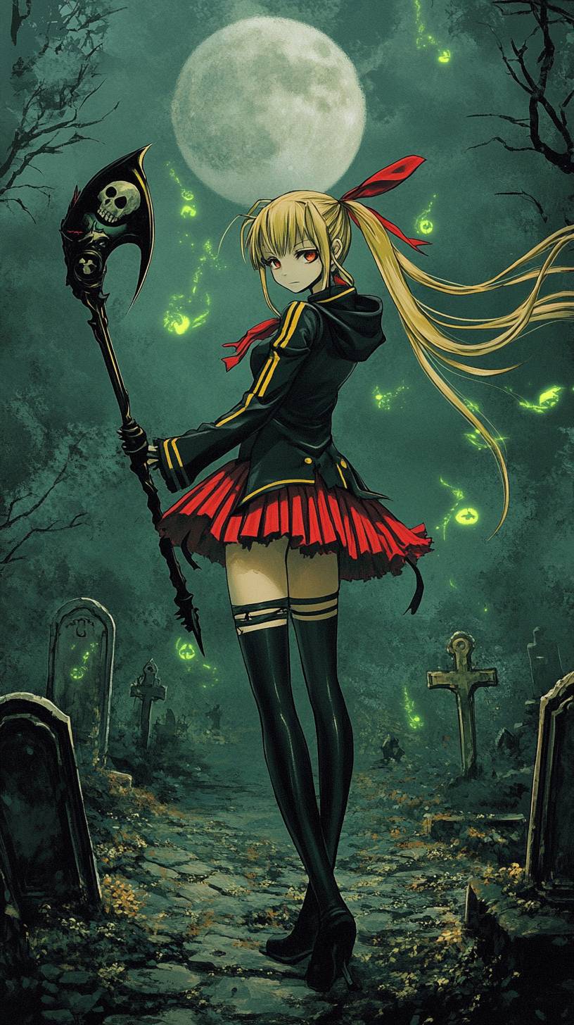 Maka Albarn de Soul Eater dans une tenue scolaire noir et rouge, brandissant une faux avec des gravures de crâne dans un cimetière gothique.