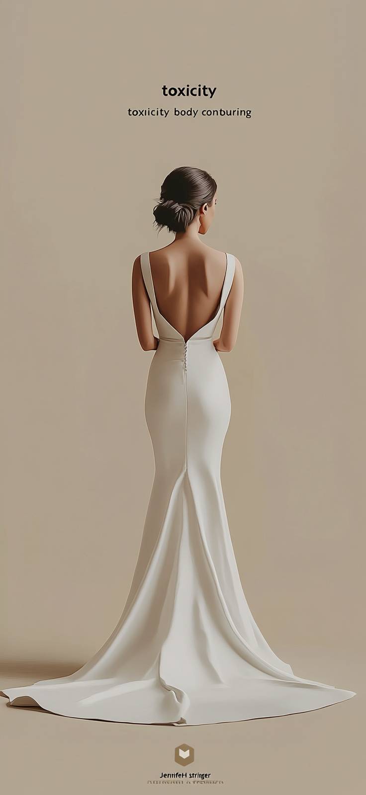 A sleek promotional poster for 'toxicity body contouring' studio, featuring an elegant woman in a white evening gown with her back turned to the camera.