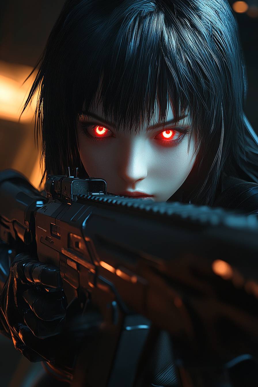 A beautiful black-haired girl with red eyes is wearing black armor, holding a sniper rifle pointed at the viewer.