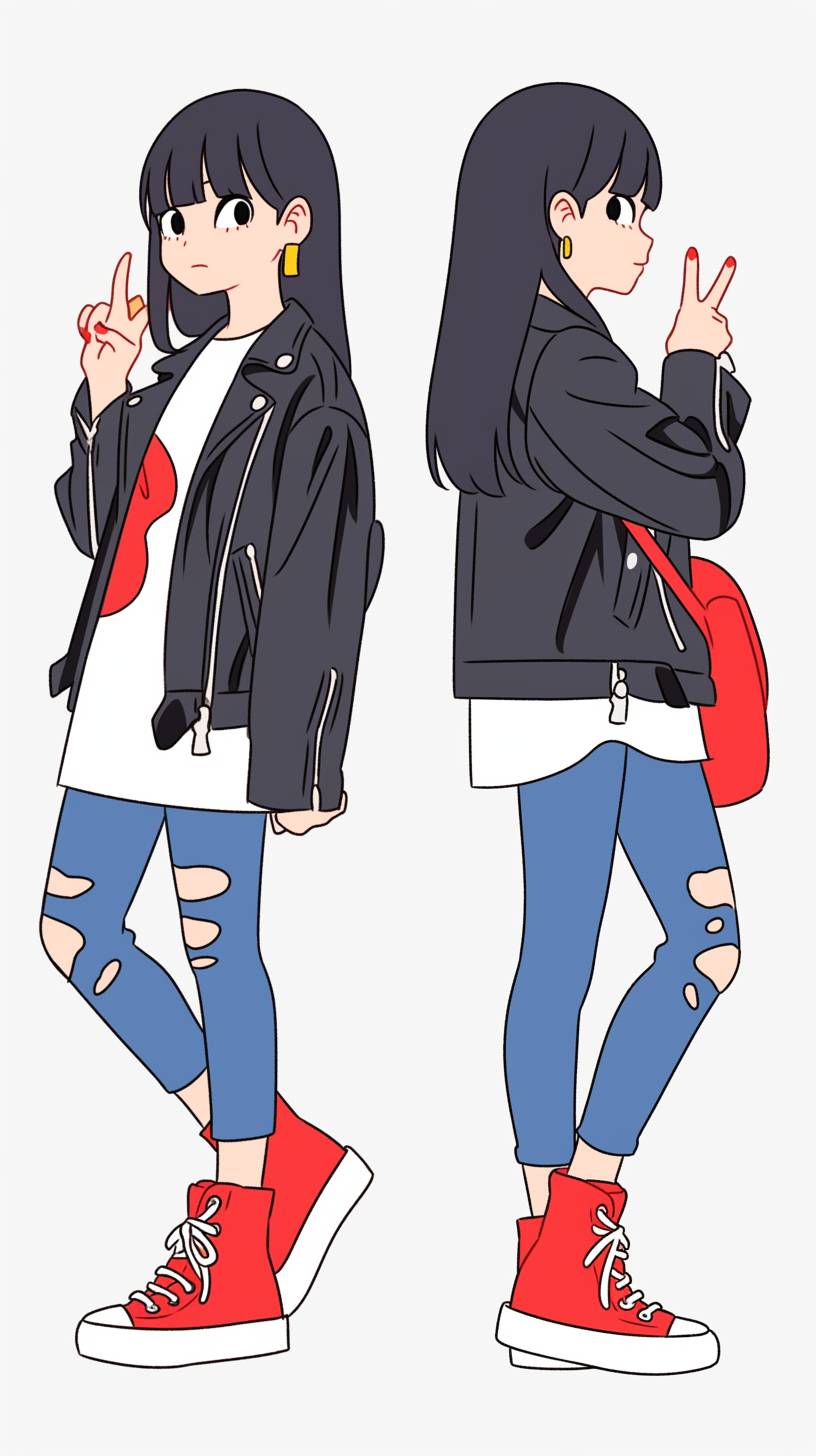 Kyouka Izumi wears a stylish leather jacket, ripped skinny jeans, and ankle boots, showcasing a street-style vibe with a rebellious twist.