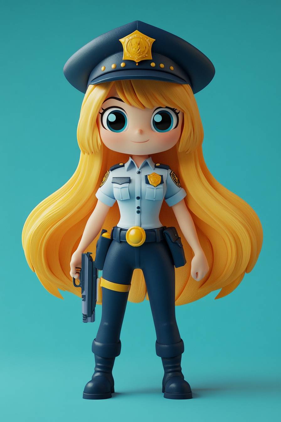 Uma personagem de cartoon 3D feliz em uniforme de polícia e chapéu, com cabelo amarelo longo e uma pistola na cintura.